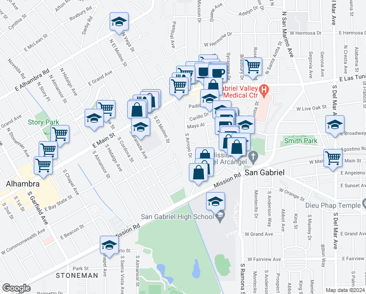 map of restaurants, bars, coffee shops, grocery stores, and more near 301 South Arroyo Drive in San Gabriel