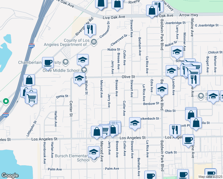 map of restaurants, bars, coffee shops, grocery stores, and more near 4720 Jerry Avenue in Baldwin Park