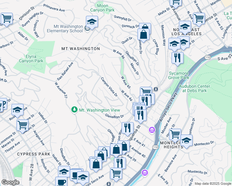map of restaurants, bars, coffee shops, grocery stores, and more near 391 Canyon Vista Drive in Los Angeles