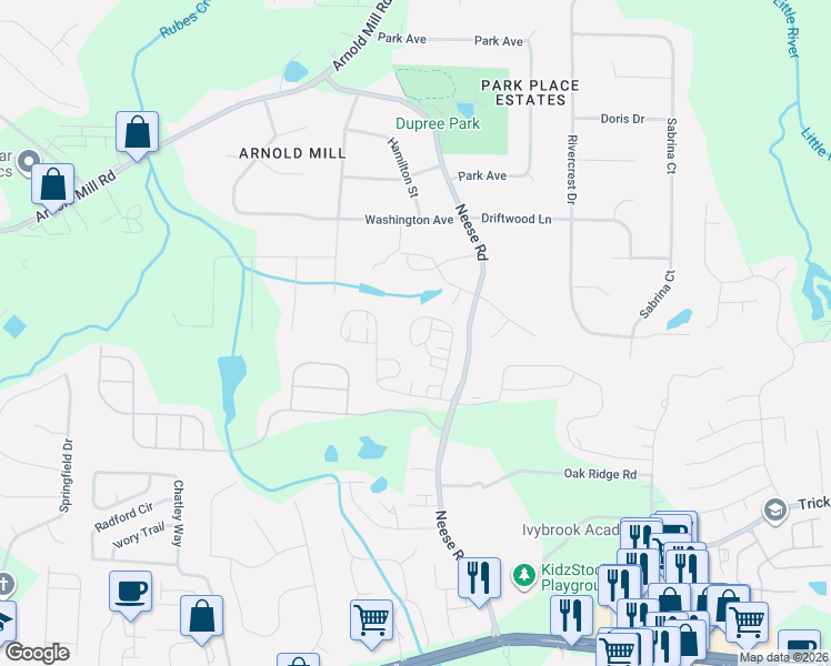 map of restaurants, bars, coffee shops, grocery stores, and more near 2203 Fall Drive in Woodstock