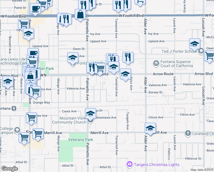 map of restaurants, bars, coffee shops, grocery stores, and more near 17394 Valencia Avenue in Fontana