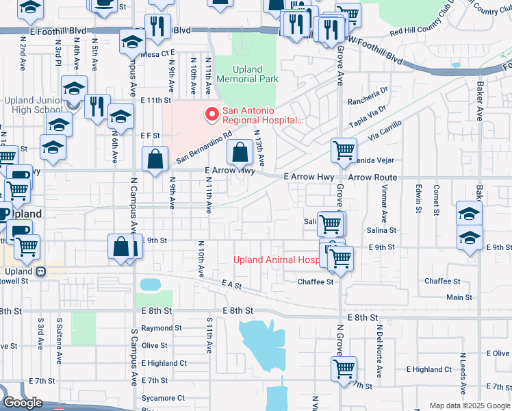 map of restaurants, bars, coffee shops, grocery stores, and more near 1265 East 9th Street in Upland