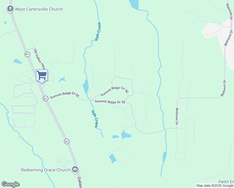 map of restaurants, bars, coffee shops, grocery stores, and more near 30 Summit Ridge Circle Southeast in Cartersville
