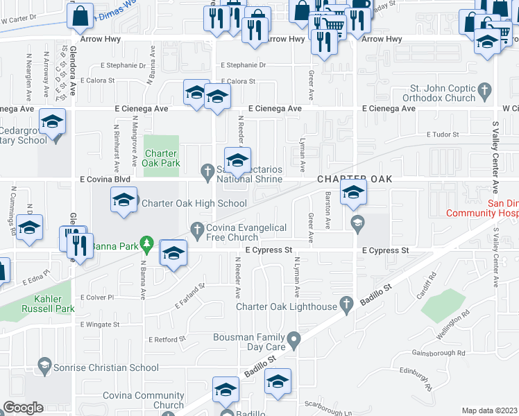map of restaurants, bars, coffee shops, grocery stores, and more near 1016 North Garsden Avenue in Covina