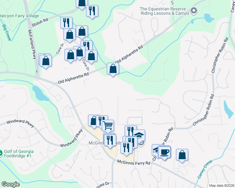 map of restaurants, bars, coffee shops, grocery stores, and more near 4670 Hastings Terrace in Alpharetta