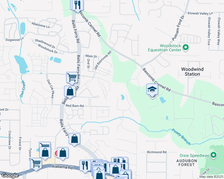 map of restaurants, bars, coffee shops, grocery stores, and more near 175 Linton Drive in Acworth