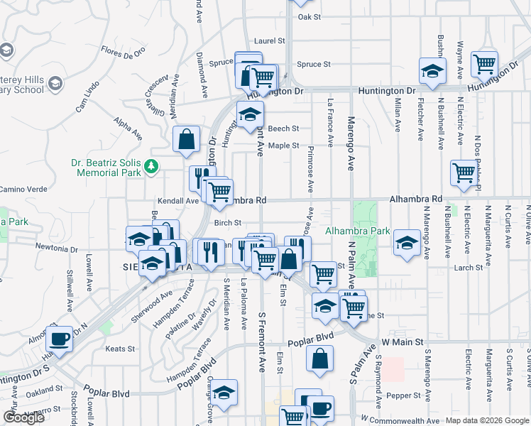 map of restaurants, bars, coffee shops, grocery stores, and more near 208 N Fremont Ave in Alhambra