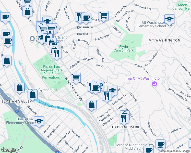 map of restaurants, bars, coffee shops, grocery stores, and more near 3132 Chaucer St in Los Angeles