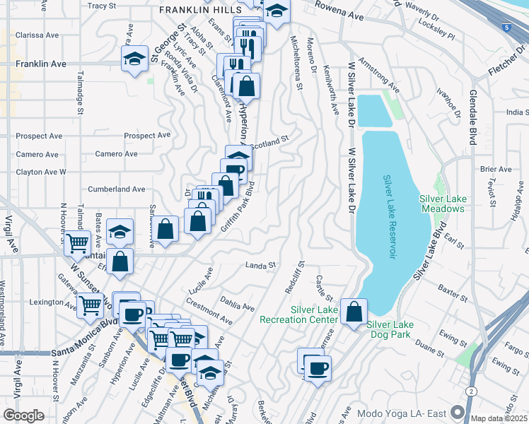 map of restaurants, bars, coffee shops, grocery stores, and more near 2029 Meadow Valley Terrace in Los Angeles