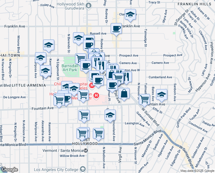 map of restaurants, bars, coffee shops, grocery stores, and more near 4546 Sunset Boulevard in Los Angeles