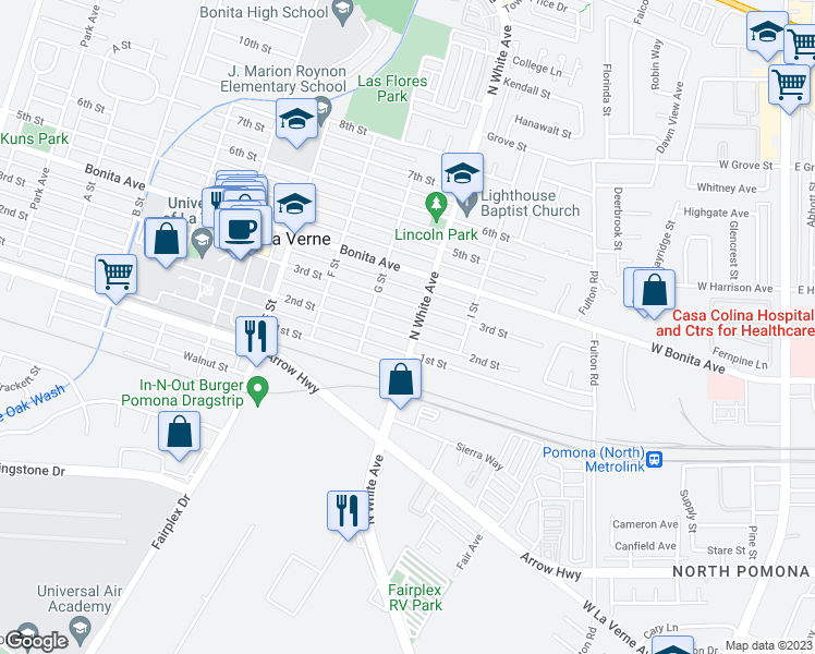 map of restaurants, bars, coffee shops, grocery stores, and more near 2477 2nd Street in La Verne