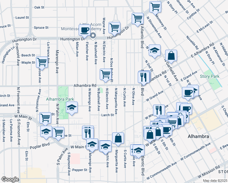 map of restaurants, bars, coffee shops, grocery stores, and more near 509 North Marguerita Avenue in Alhambra