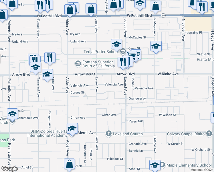 map of restaurants, bars, coffee shops, grocery stores, and more near 17971 Valencia Avenue in Fontana