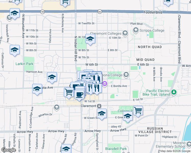 map of restaurants, bars, coffee shops, grocery stores, and more near 409 Harvard Avenue North in Claremont