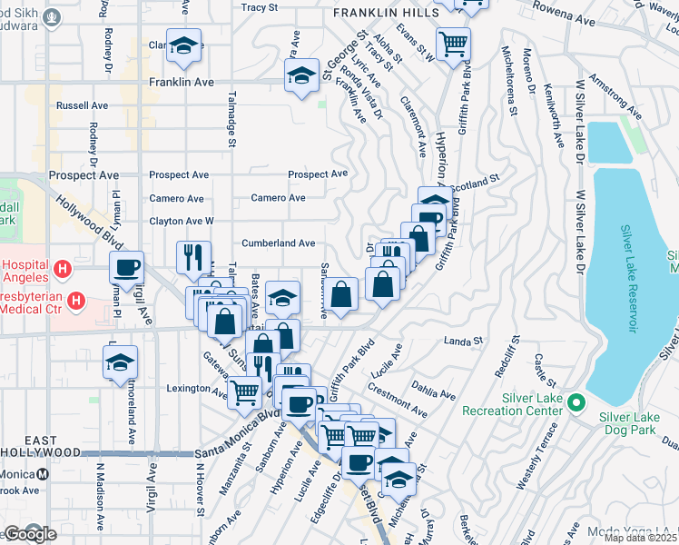 map of restaurants, bars, coffee shops, grocery stores, and more near 3926 Cumberland Avenue in Los Angeles