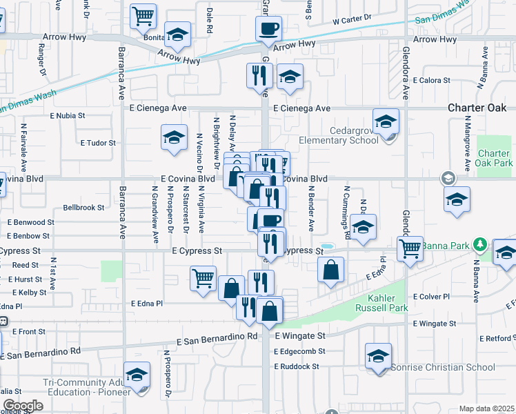map of restaurants, bars, coffee shops, grocery stores, and more near 1007b North Grand Avenue in Covina