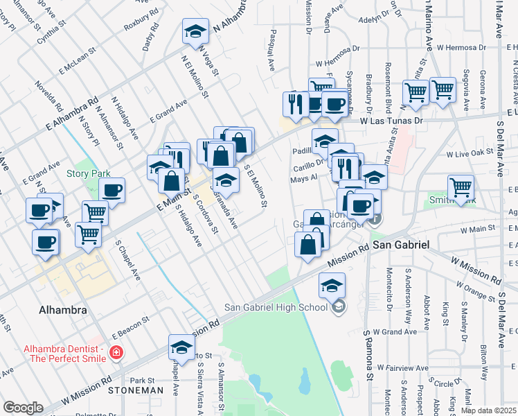 map of restaurants, bars, coffee shops, grocery stores, and more near 207 South El Molino Street in Alhambra