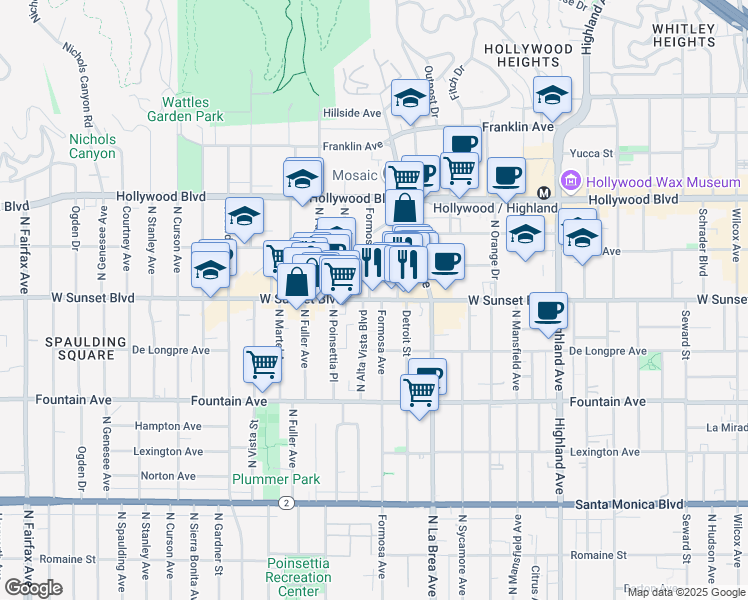 map of restaurants, bars, coffee shops, grocery stores, and more near 7180 Sunset Boulevard in Los Angeles