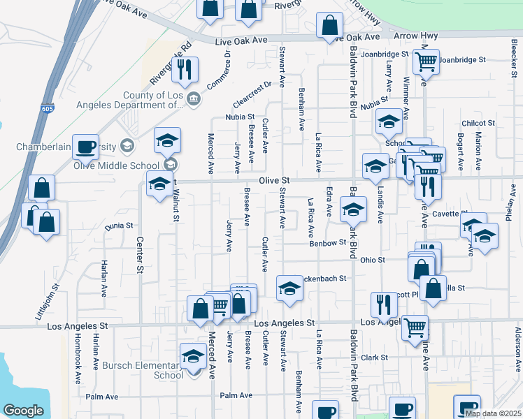 map of restaurants, bars, coffee shops, grocery stores, and more near 4737 Cutler Avenue in Baldwin Park