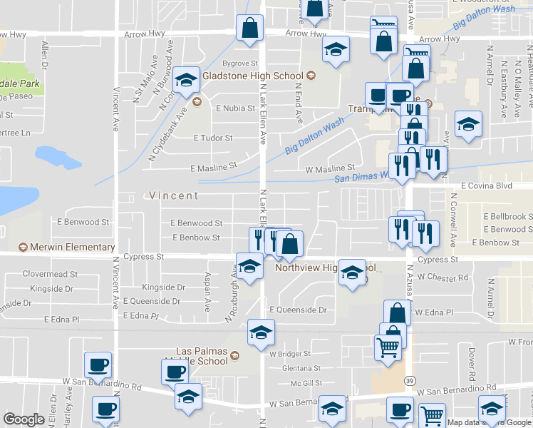 map of restaurants, bars, coffee shops, grocery stores, and more near 17002 East Bellbrook Street in Covina