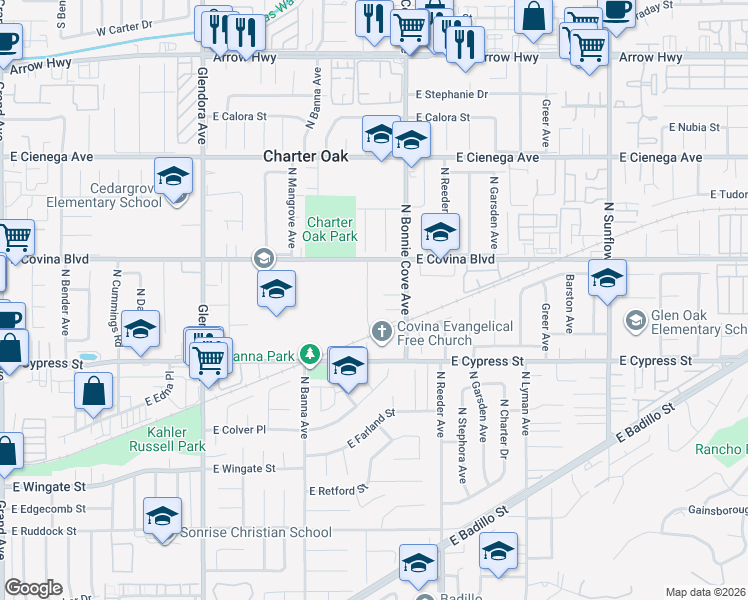 map of restaurants, bars, coffee shops, grocery stores, and more near 1018 North Darfield Avenue in Covina