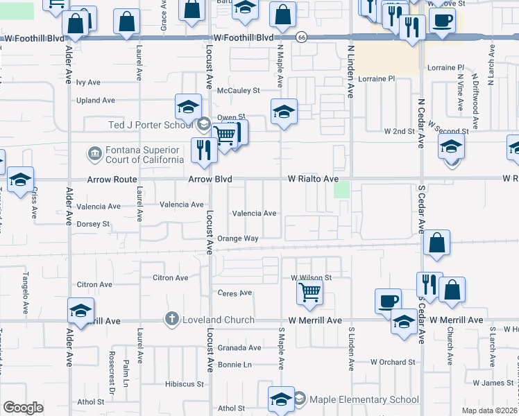 map of restaurants, bars, coffee shops, grocery stores, and more near 8584 Dumond Drive in Fontana
