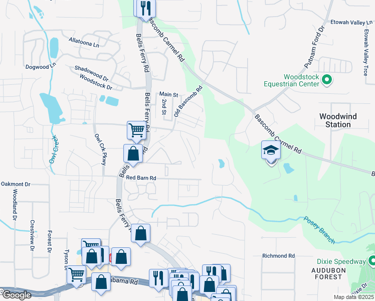 map of restaurants, bars, coffee shops, grocery stores, and more near 249 Derby Court in Acworth