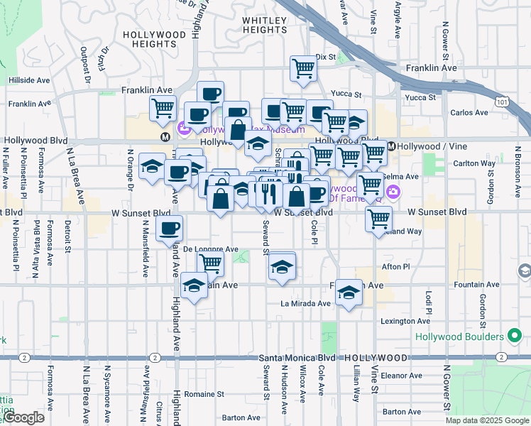 map of restaurants, bars, coffee shops, grocery stores, and more near 6600 W Sunset Blvd in Los Angeles