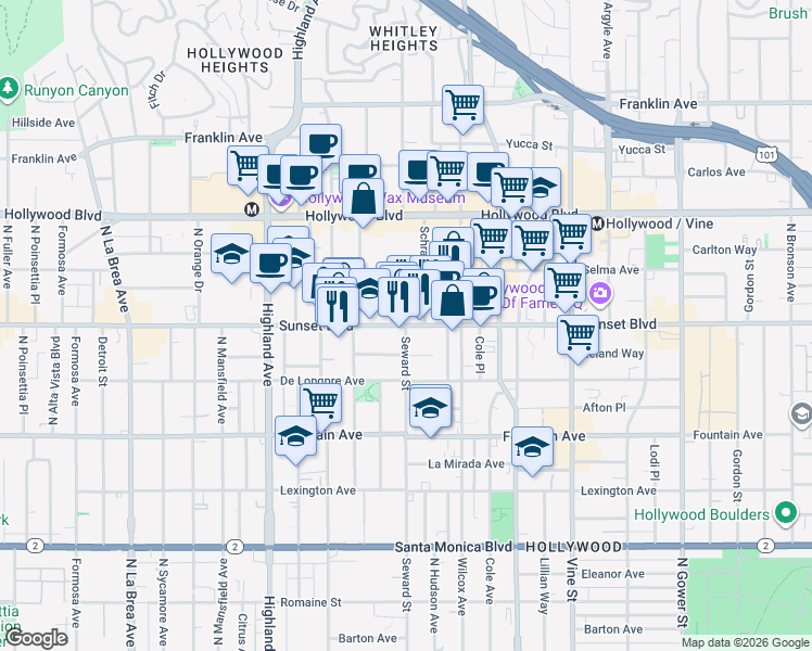 map of restaurants, bars, coffee shops, grocery stores, and more near Sunset Boulevard & Seward Street in Los Angeles