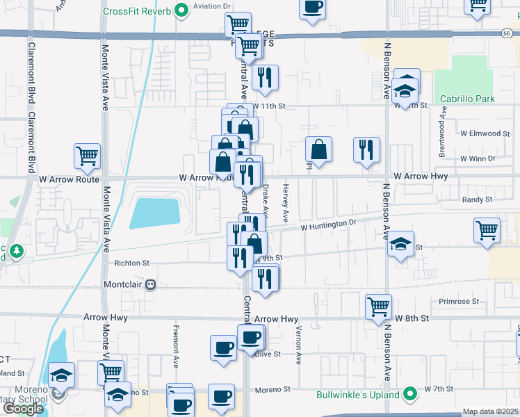 map of restaurants, bars, coffee shops, grocery stores, and more near 377 Drake Avenue in Upland