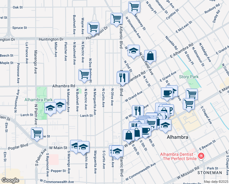 map of restaurants, bars, coffee shops, grocery stores, and more near 508 North Olive Avenue in Alhambra