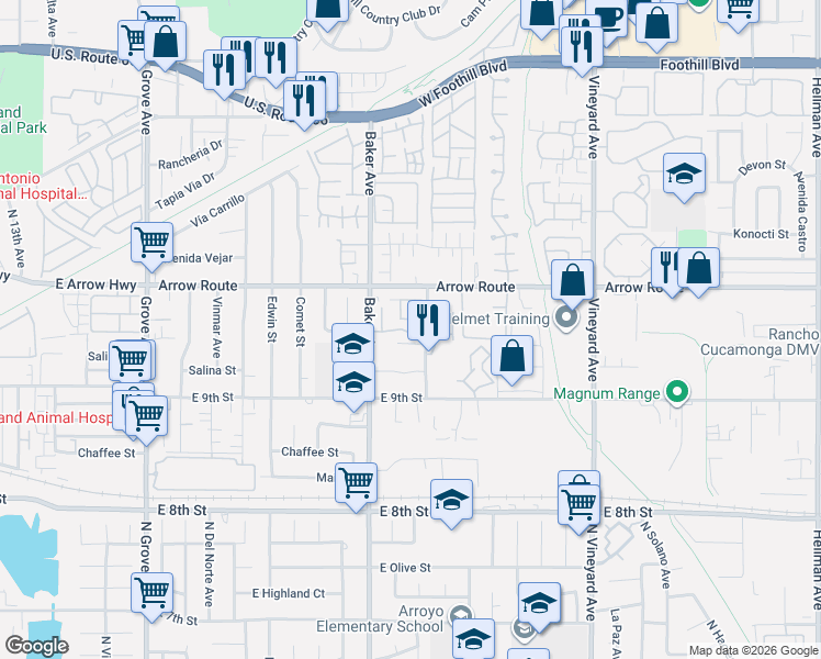 map of restaurants, bars, coffee shops, grocery stores, and more near 8586 Salina Street in Rancho Cucamonga