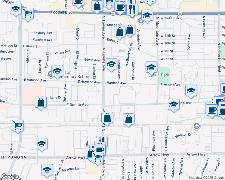 map of restaurants, bars, coffee shops, grocery stores, and more near 2870 North Towne Avenue in Pomona