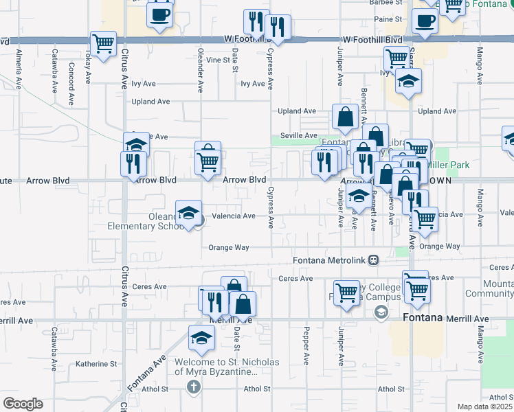 map of restaurants, bars, coffee shops, grocery stores, and more near 8566 Cypress Avenue in Fontana