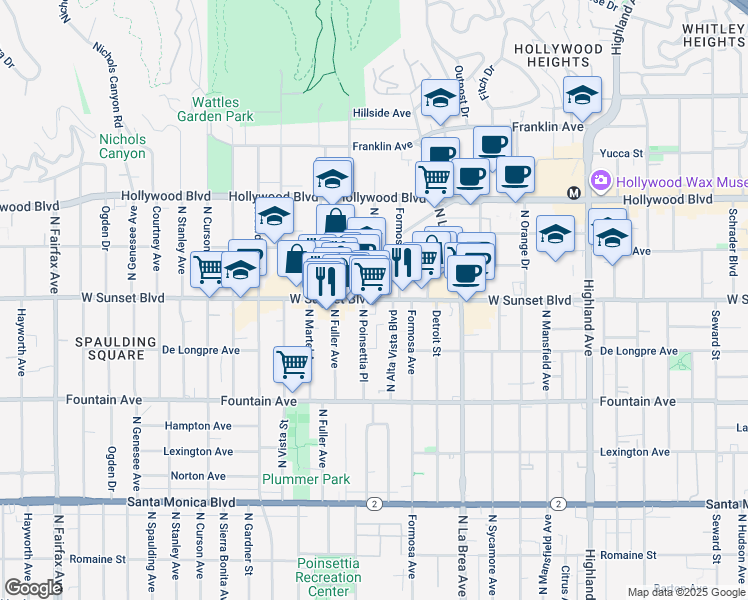 map of restaurants, bars, coffee shops, grocery stores, and more near Sunset Blvd & N Poinsettia Pl in Los Angeles