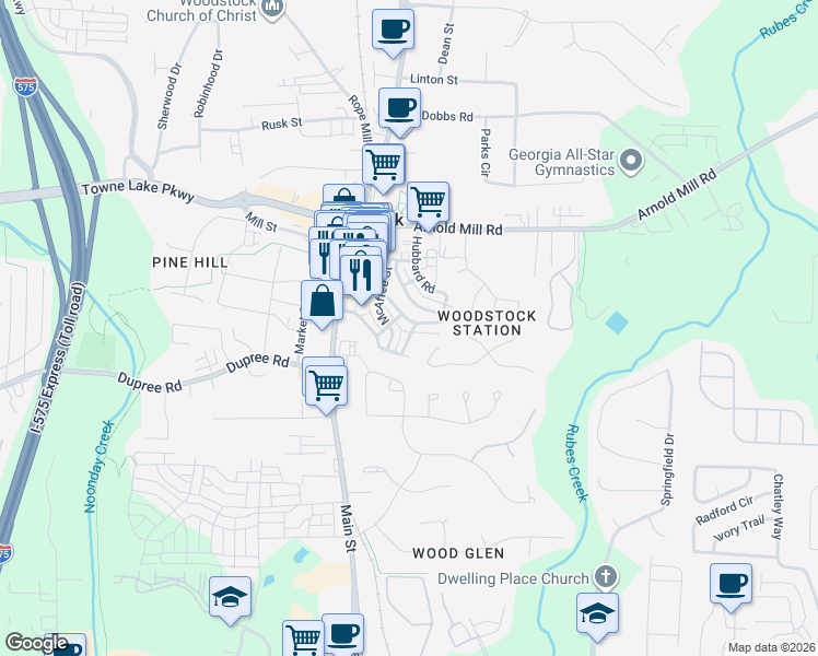 map of restaurants, bars, coffee shops, grocery stores, and more near 189 Hubbard Road in Woodstock