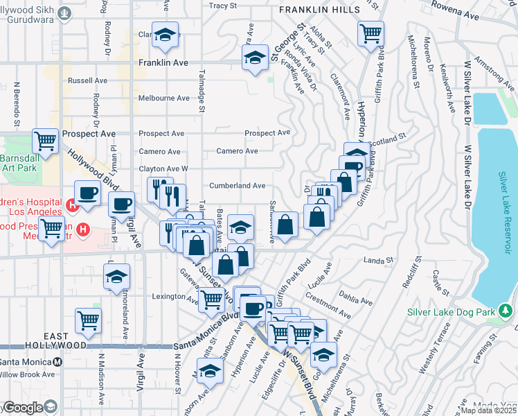 map of restaurants, bars, coffee shops, grocery stores, and more near 1442 Manzanita Street in Los Angeles