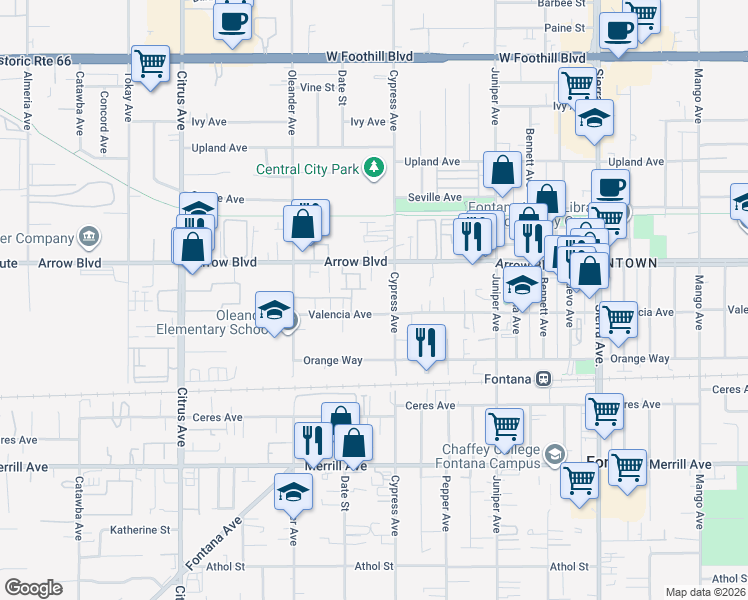 map of restaurants, bars, coffee shops, grocery stores, and more near 8566 Cypress Avenue in Fontana