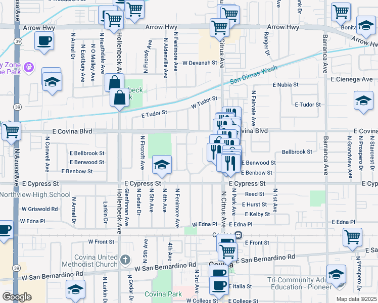 map of restaurants, bars, coffee shops, grocery stores, and more near 4704 North Calvados Avenue in Covina