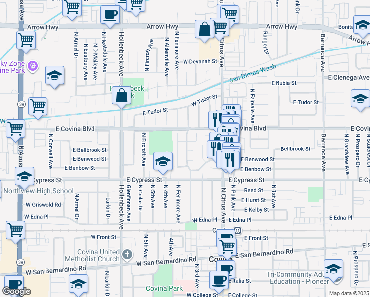map of restaurants, bars, coffee shops, grocery stores, and more near 4709 North Calvados Avenue in Covina