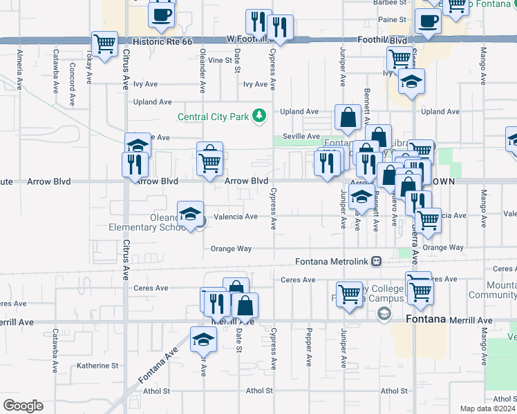 map of restaurants, bars, coffee shops, grocery stores, and more near 8566 Cypress Avenue in Fontana