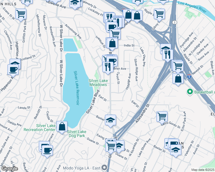 map of restaurants, bars, coffee shops, grocery stores, and more near 2406 Glendale Court in Los Angeles