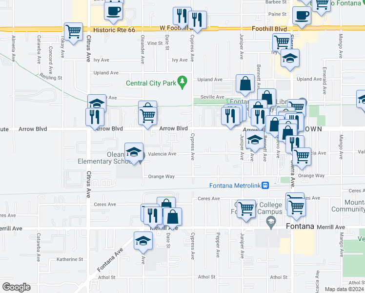 map of restaurants, bars, coffee shops, grocery stores, and more near 8566 Cypress Avenue in Fontana