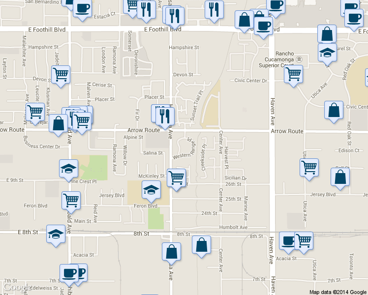 map of restaurants, bars, coffee shops, grocery stores, and more near 10151 Arrow Route in Rancho Cucamonga