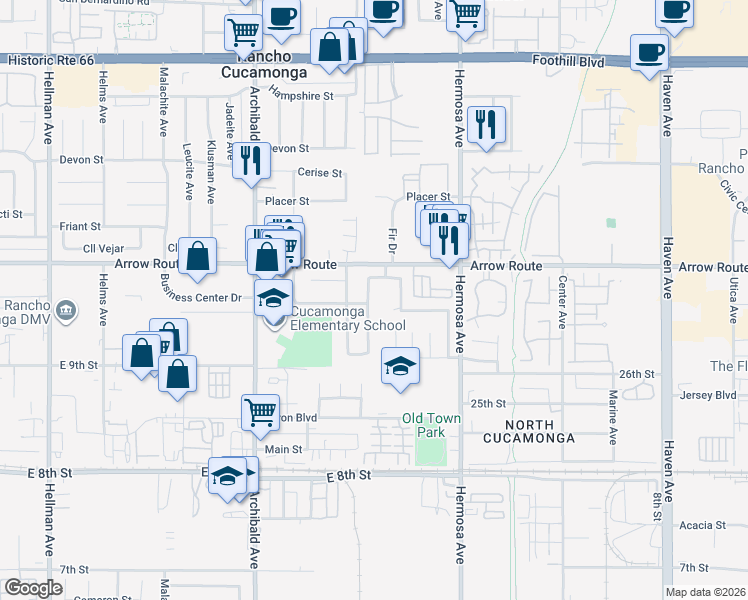 map of restaurants, bars, coffee shops, grocery stores, and more near 8571 Willow Drive in Rancho Cucamonga