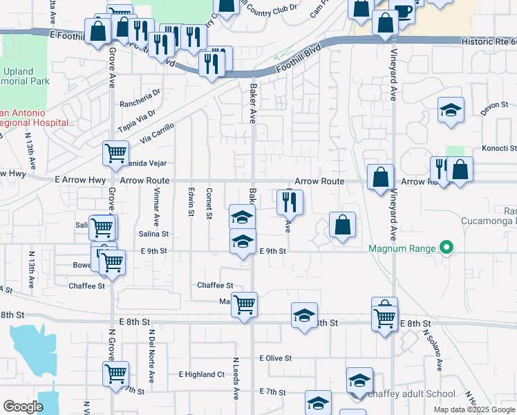 map of restaurants, bars, coffee shops, grocery stores, and more near 8518 Salina Street in Rancho Cucamonga