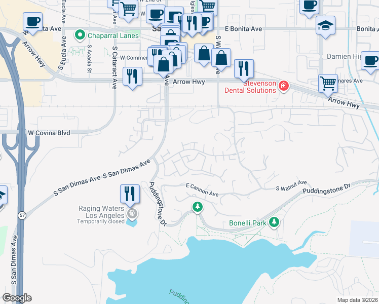 map of restaurants, bars, coffee shops, grocery stores, and more near 706 Knollwood Lane in San Dimas
