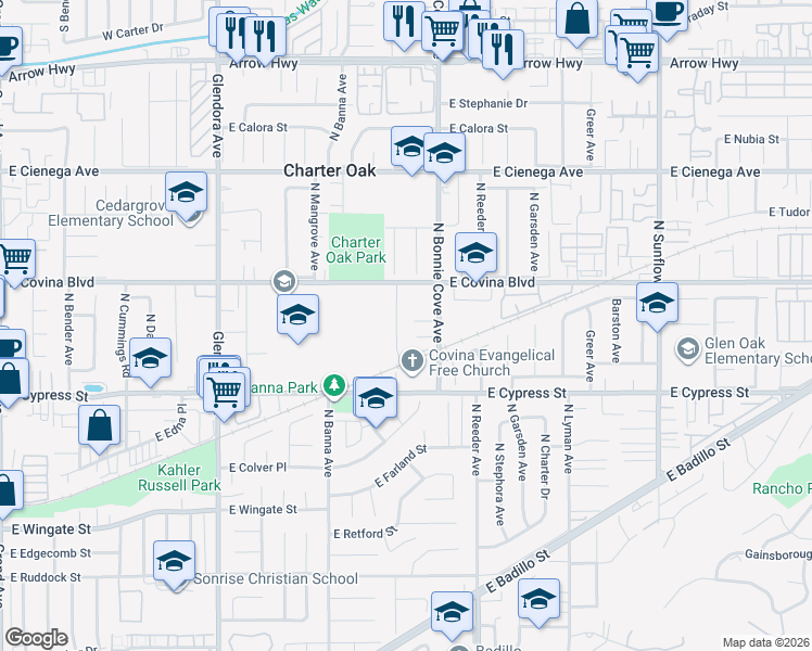 map of restaurants, bars, coffee shops, grocery stores, and more near 1018 North Darfield Avenue in Covina