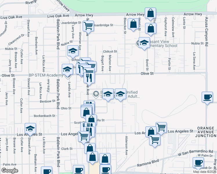 map of restaurants, bars, coffee shops, grocery stores, and more near 14621 Cavette Place in Baldwin Park