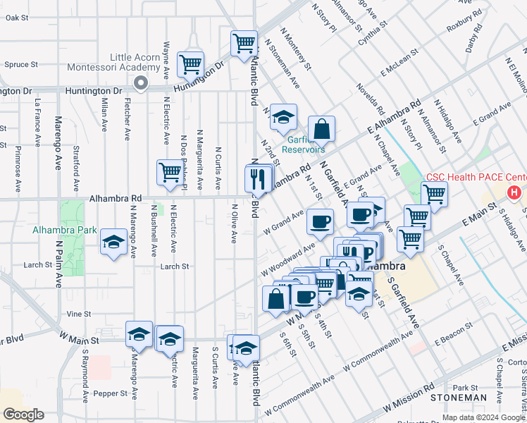 map of restaurants, bars, coffee shops, grocery stores, and more near 526 North Atlantic Boulevard in Alhambra